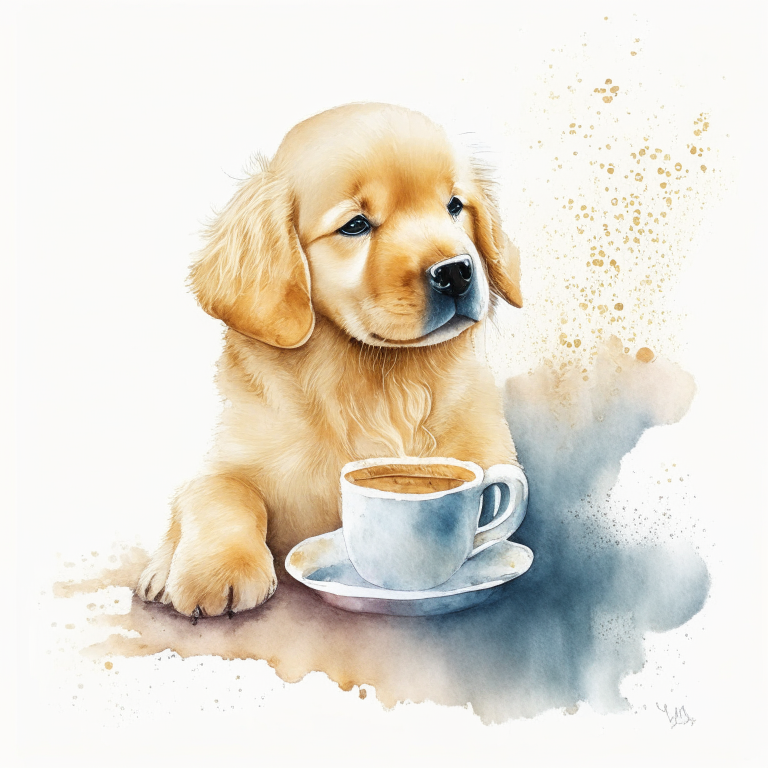 a Golden Retriever puppy drinking a latte with heart-shaped art, painted in watercolor style
