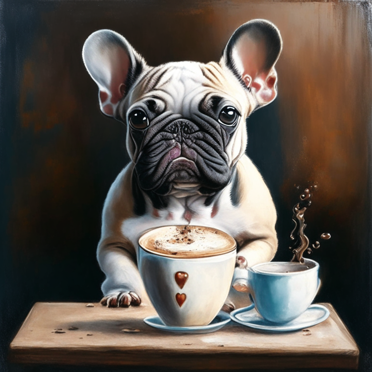 a French Bulldog puppy drinking a latte with heart-shaped art, painted in oil style
