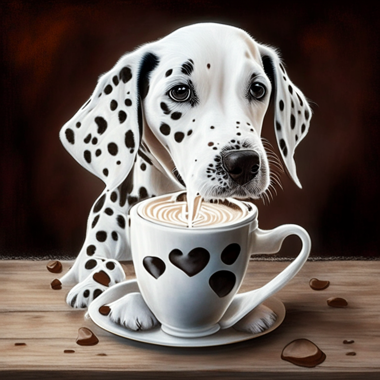 a Dalmatian puppy drinking a latte with heart-shaped art, painted in acrylic style