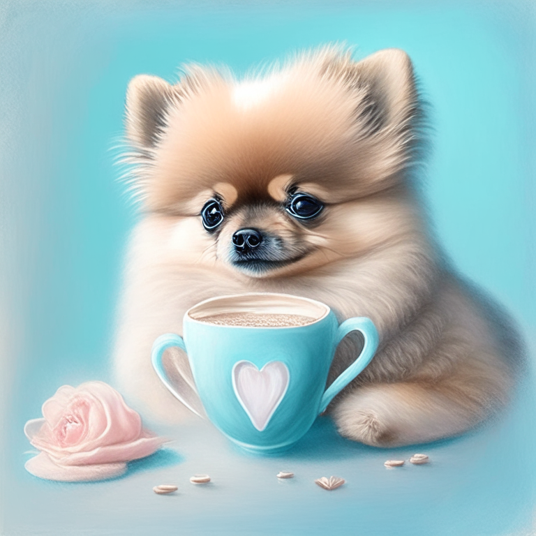 a Pomeranian puppy drinking a latte with heart-shaped art, painted in pastel style
