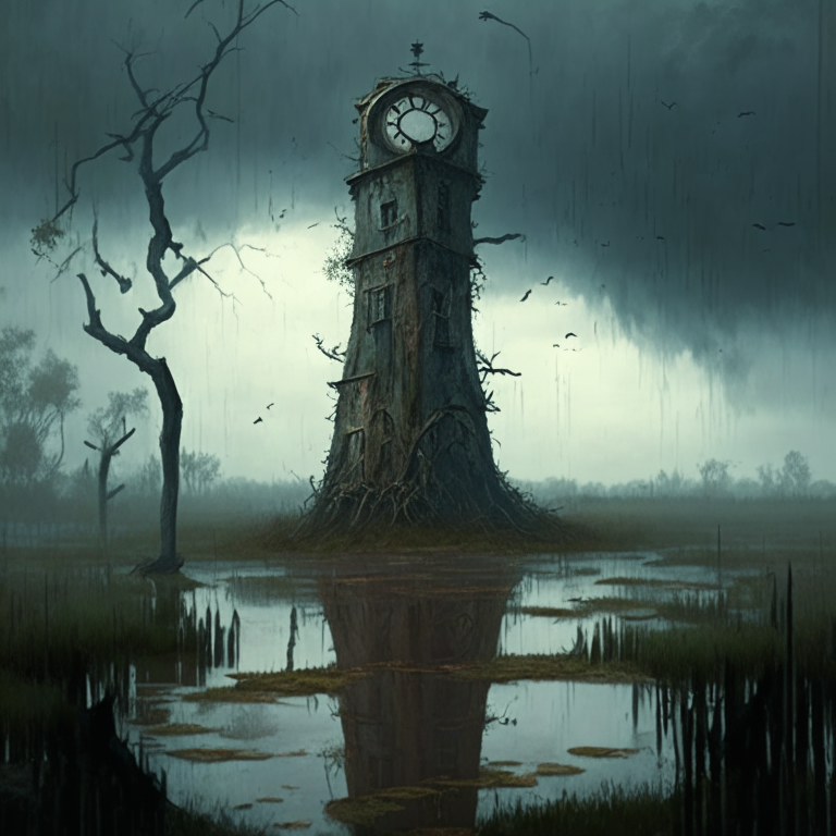 a rusty clock tower stands in the middle of a murky swamp, surrounded by twisted trees and a stormy sky