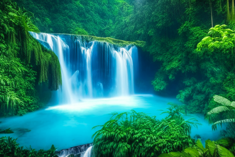 a breathtaking view of blue waterfalls cascading down lush green cliffs in the heart of the Amazon rainforest