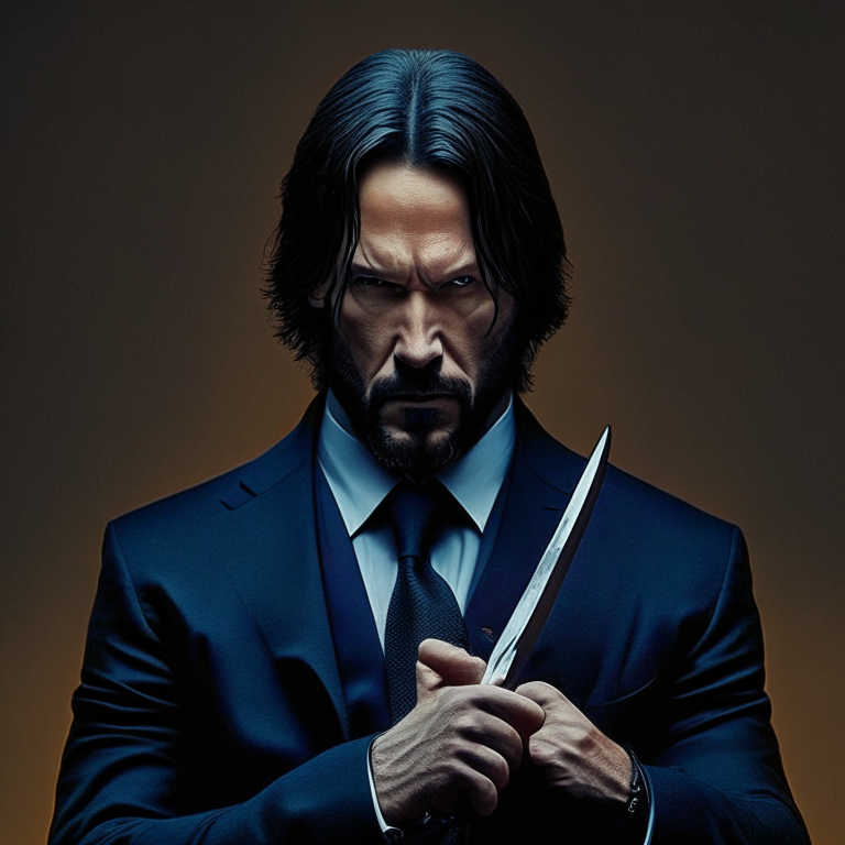 John Wick holding a knife, ready to fight