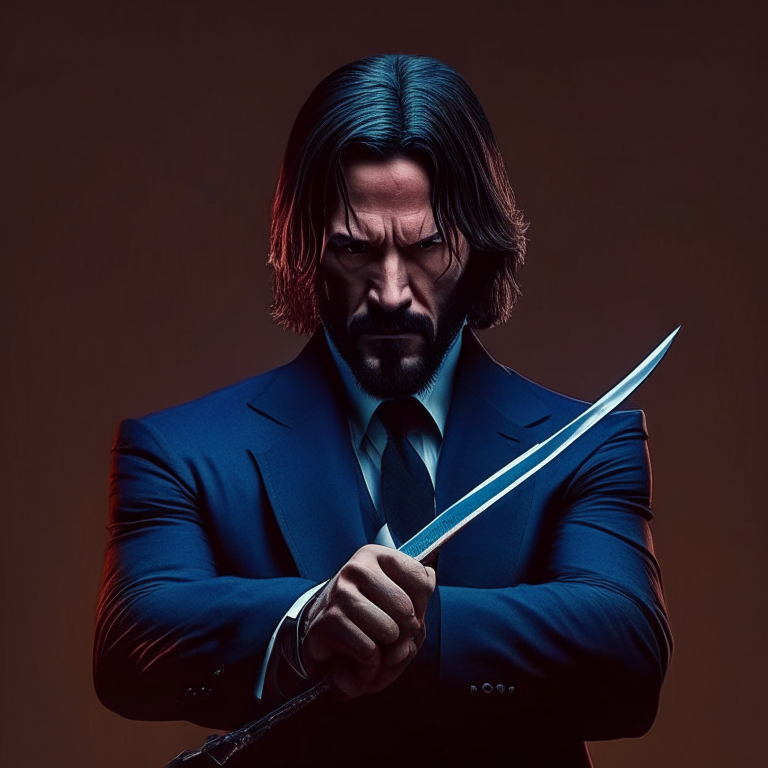 a 30-second John Wick fight trailer. The fight takes place inside the restaurant and John Wick fights 4 people with a knife. The trailer starts with a title screen saying 'John Wick: The Knife Fight' and then transitions to the fight scene. The fight scene is shot in a dark, gritty style with fast cuts and intense music. The trailer ends with the title screen saying 'Coming Soon'