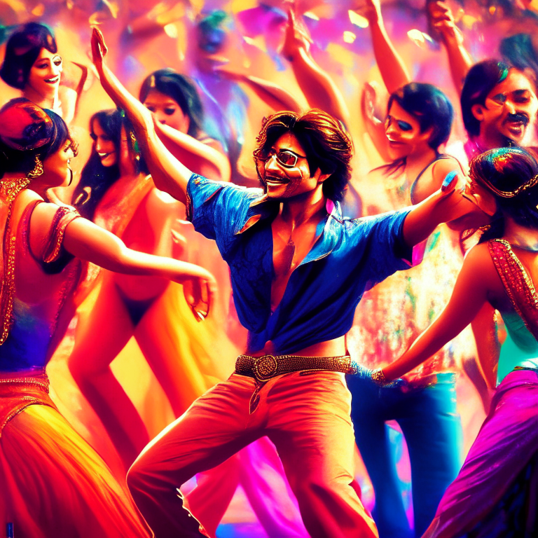 Shahrukh Khan dancing with a group of Bollywood dancers in a vibrant and colorful setting