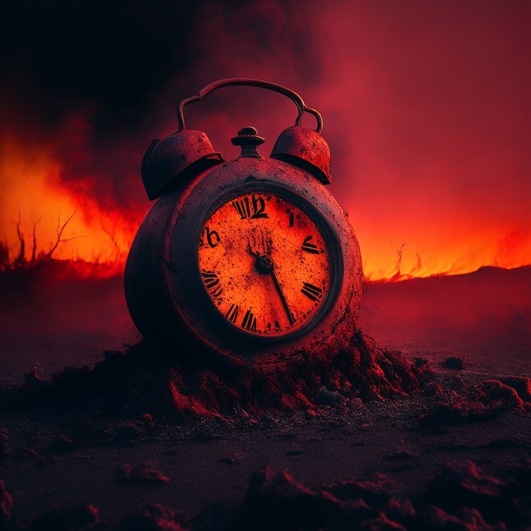 an old rusty alarm clock lies on hot lava, surrounded by smoke and a red sky