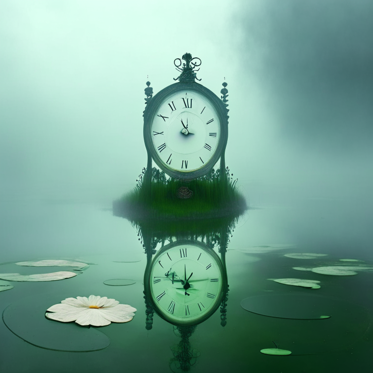 a new clock with long legs stands in a green water lily pond, surrounded by mist and a cloudy sky