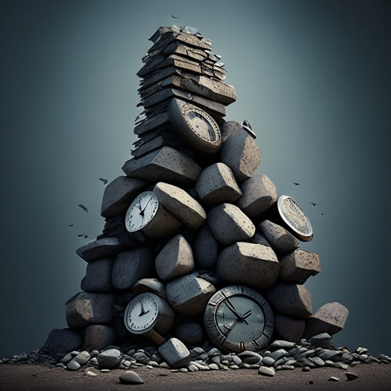 a pile of stones filled with clocks with steel legs, standing tall and proud