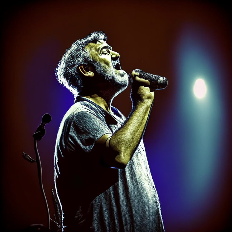 Lucky Ali in a singing pose, with a microphone in his hand and a spotlight on him