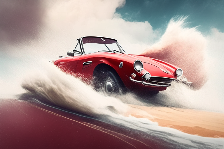 a classic red Triumph Spitfire car jumps over waves and clouds, leaving a trail of dust behind