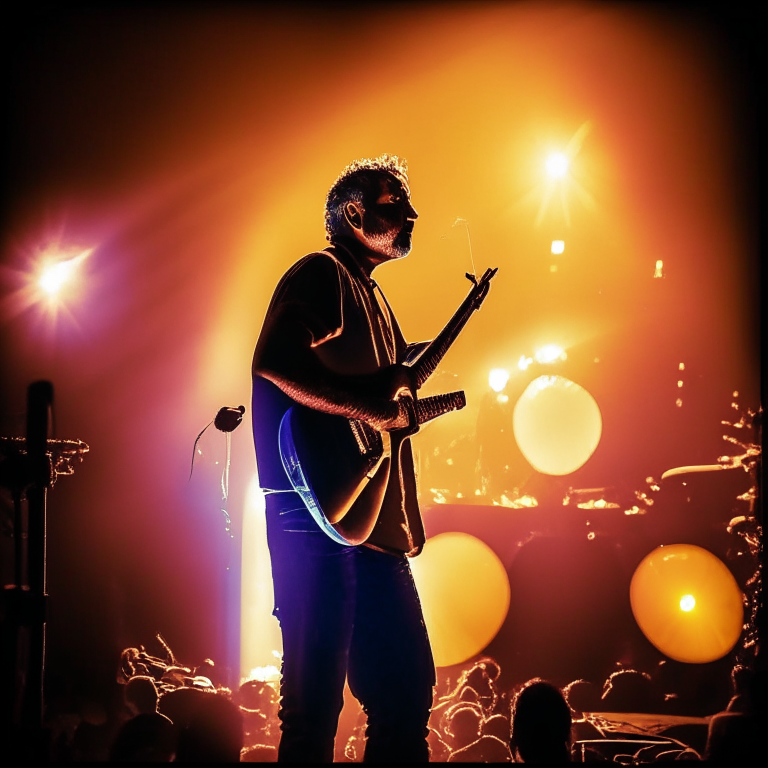 Lucky Ali performing on stage with flashing lights in the background