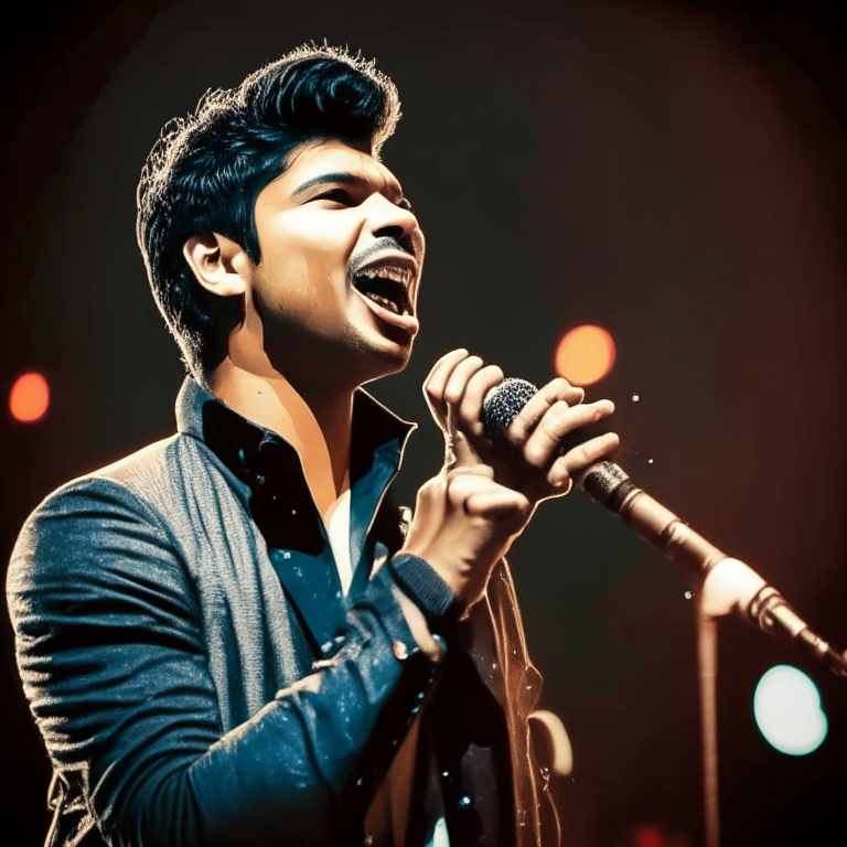 Shaan singing on stage with a microphone in his hand