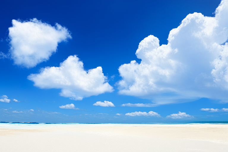 fluffy white clouds in a blue sky over a sandy beach