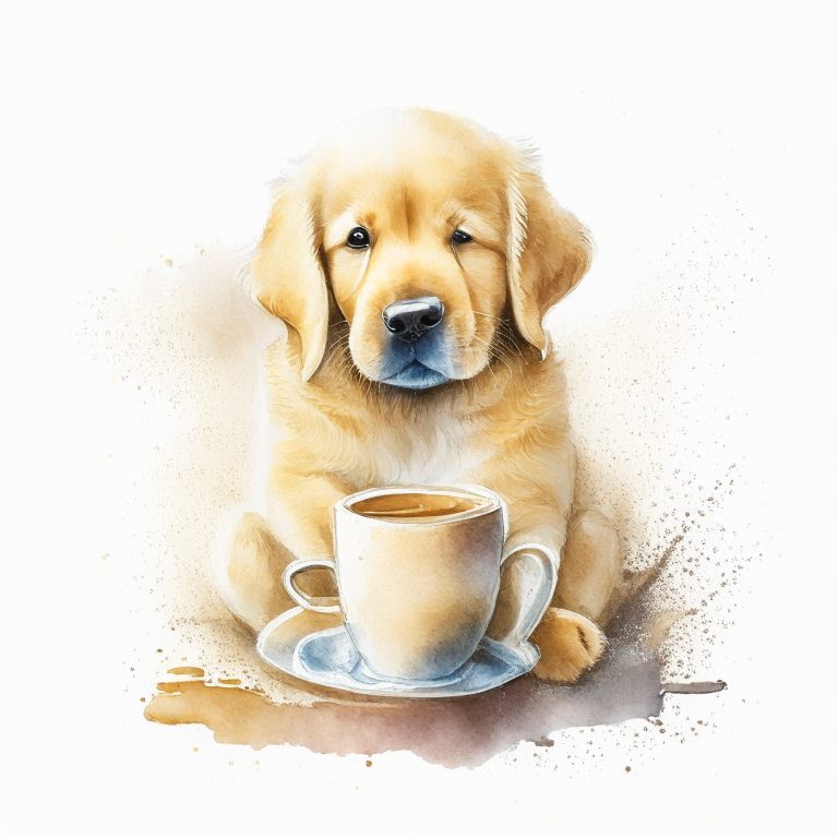 a Golden Retriever puppy drinking a latte with heart-shaped art, painted in watercolor style