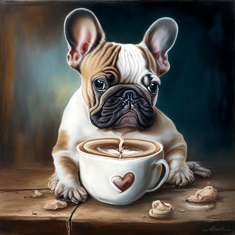 a French Bulldog puppy drinking a latte with heart-shaped art, painted in oil style