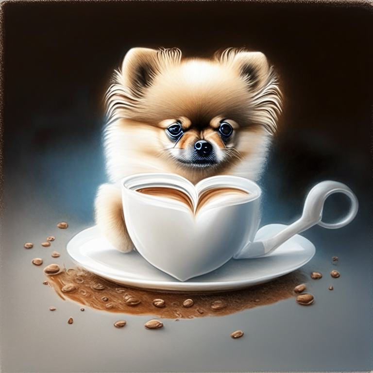 a Pomeranian puppy drinking a latte with heart-shaped art, painted in acrylic style