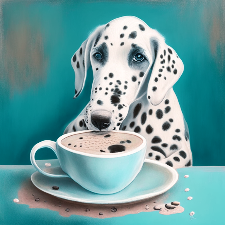 a Dalmatian puppy drinking a latte with heart-shaped art, painted in pastel style