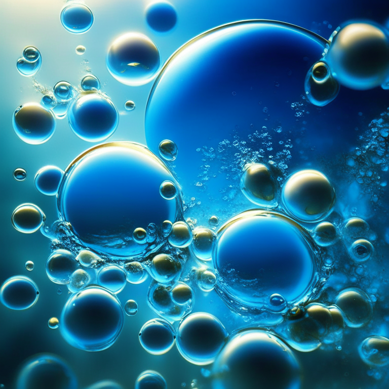grease bubbles floating in a pool of blue water, reflecting the light of the sun