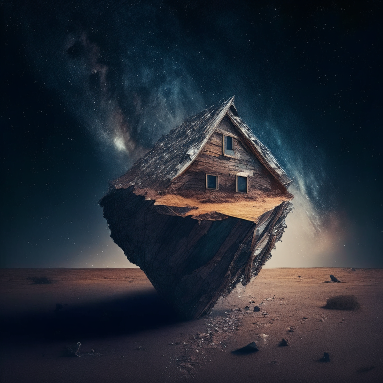 an old wooden house sits on a meteorite, floating in the vast expanse of outer space