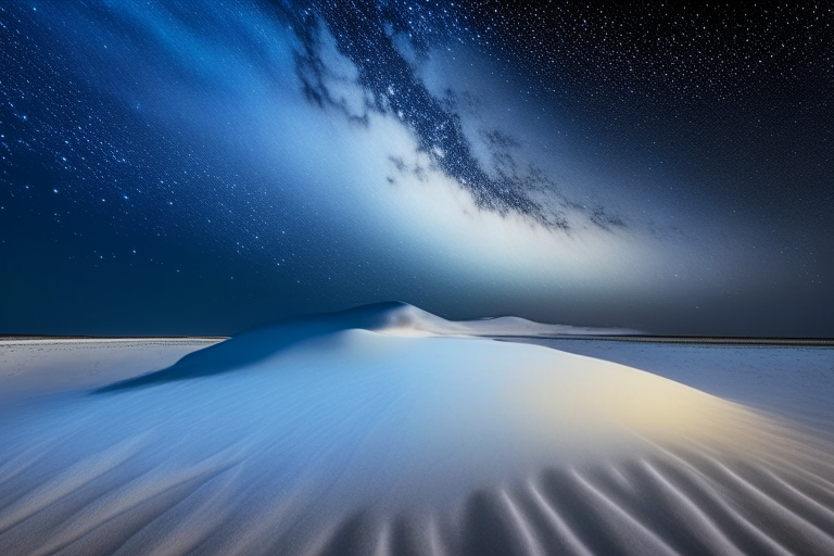 the Milky Way shines bright over a white sand desert, with blue clouds in the sky