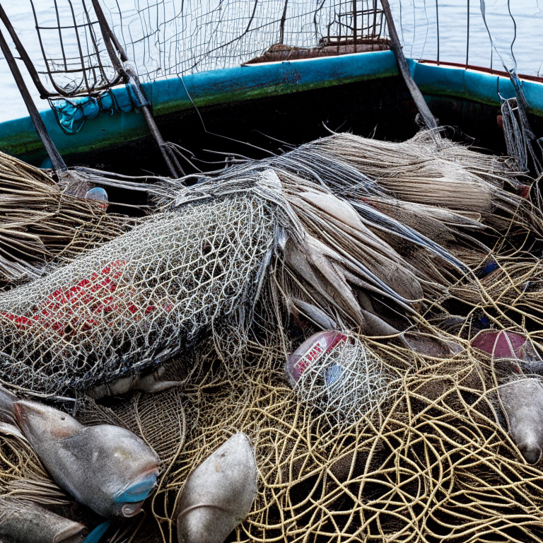headless fish lie on a boat, surrounded by fishing nets and equipment