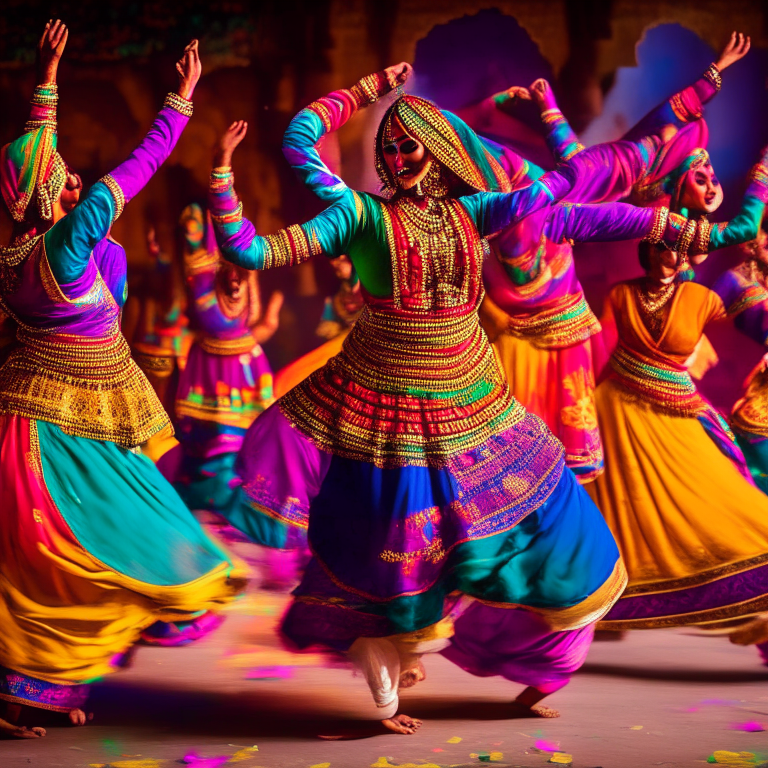 A group of Bollywood dancers performing a traditional dance in a colorful and vibrant setting