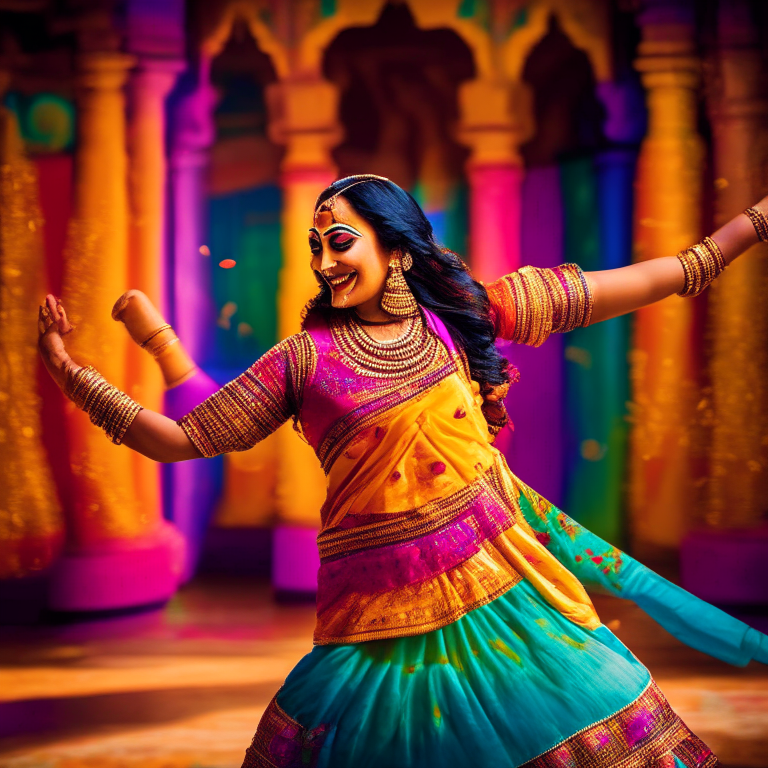 Trisha performing a traditional dance in a colorful and vibrant setting