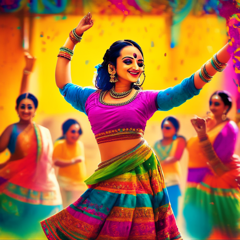 Trisha dancing to a traditional Indian song in a colorful and vibrant setting