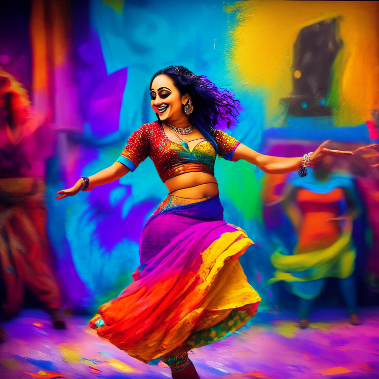 Trisha dancing in a colorful and vibrant setting