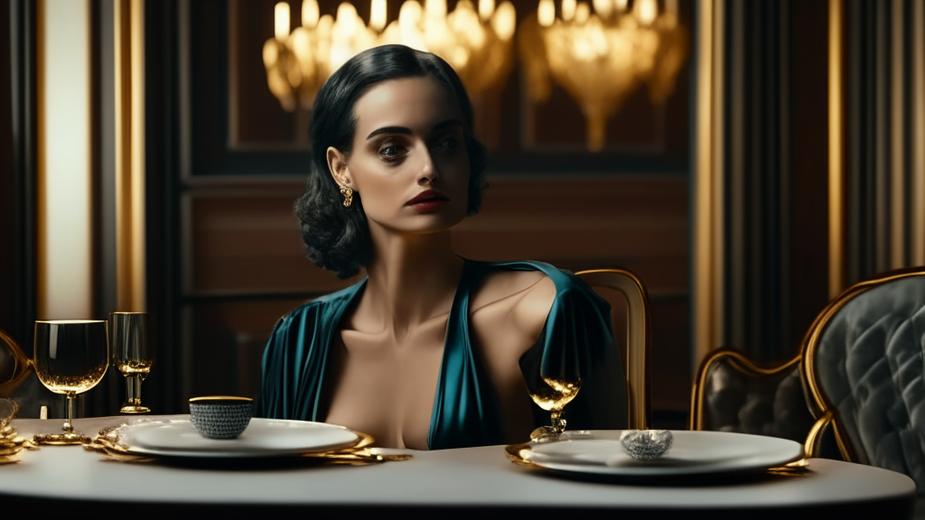 Medium shot, Eye level, a young french woman, Sitting, Art Deco Dining Room, Evening, Luxurious, Glamorous, 4k
