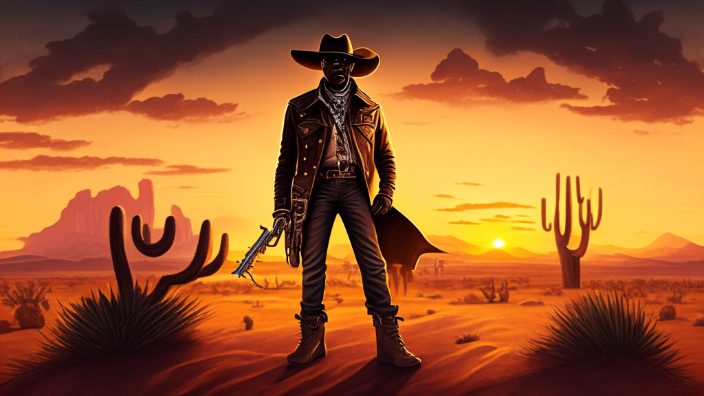 a black man cowboy with a hat, boots, and a leather jacket, holding a revolver and a lasso, standing in front of a desert landscape with a sunset in the background