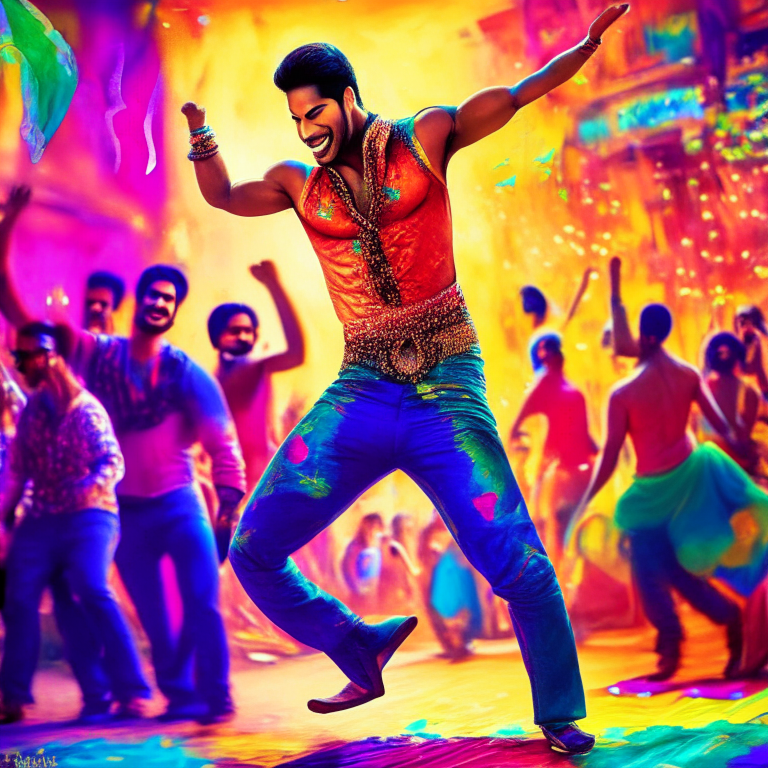 Varun Dhawan dancing a Bollywood dance in a colorful and vibrant setting