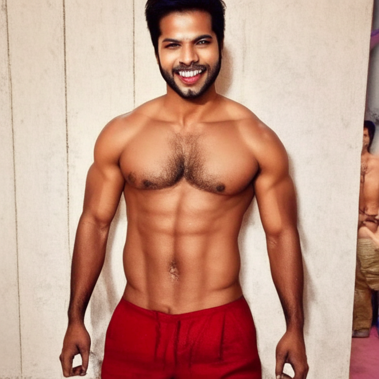Varun Dhawan posing with his abs on display