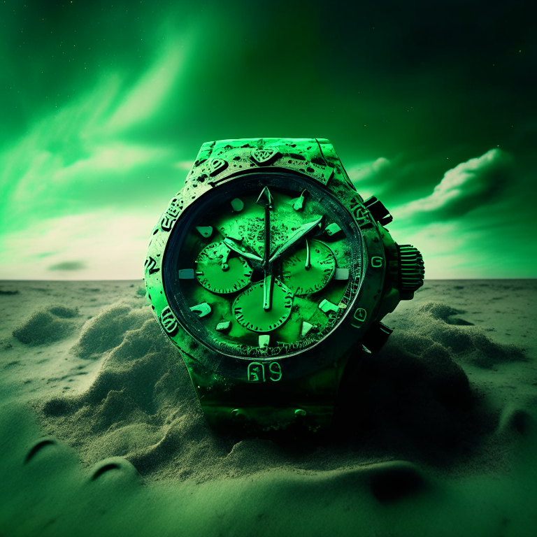a dirty chronograph watch in a green metaphysical sky
