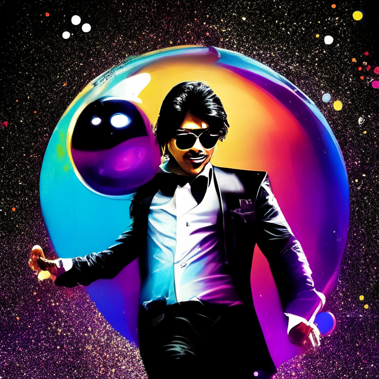 Shahrukh Khan grooving to the beat, wearing stylish shades and a black suit, with a colorful disco ball in the background