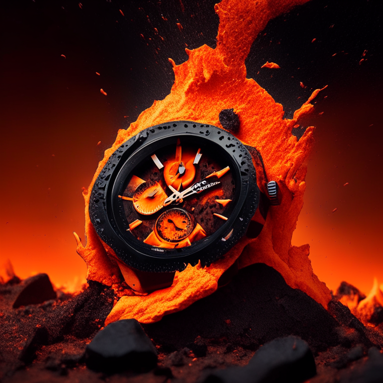 an orange watch exploding in the lava of a volcano