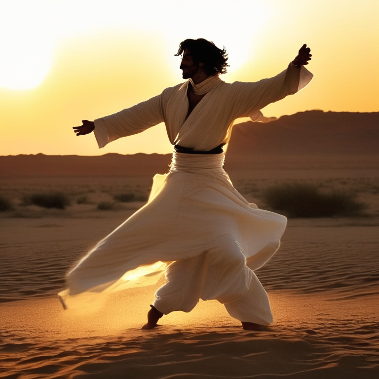 Shahrukh Khan dancing in the desert, wearing a black pathan salwar and a white kurta, with the sun setting in the background