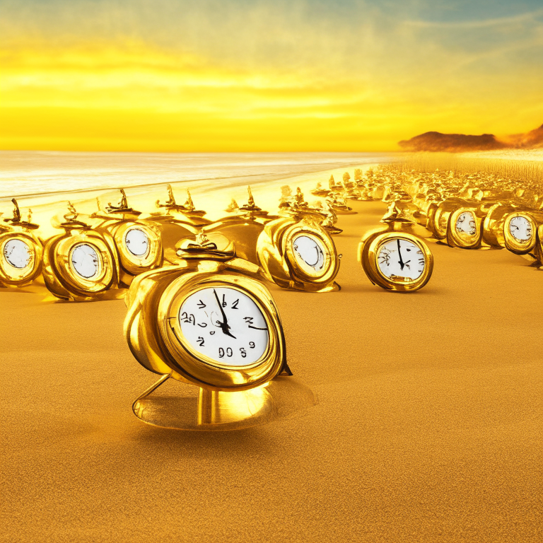 a rain of gold alarm clocks on the beach