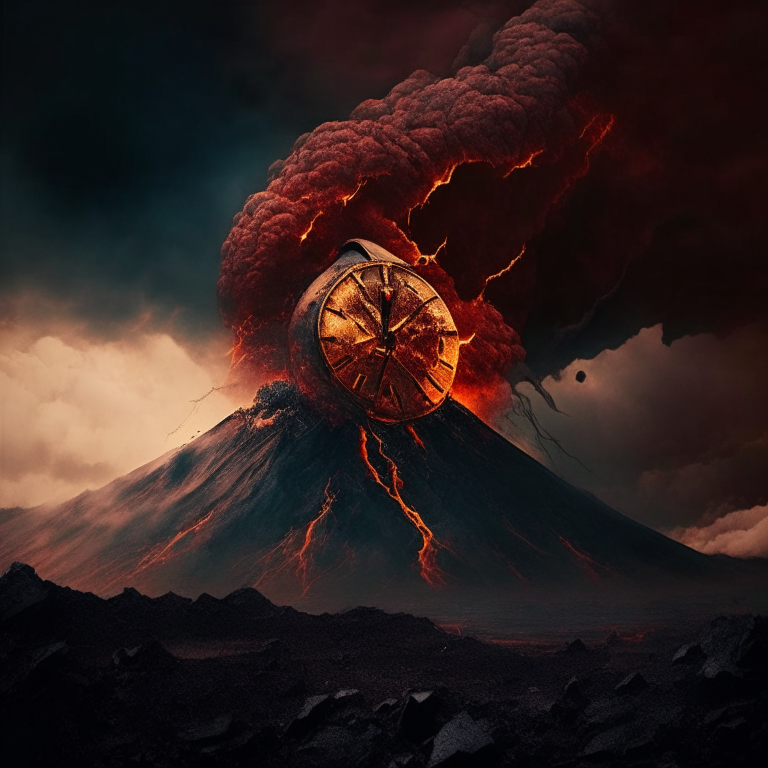 a volcano erupting lava on top of rusted watches in a terrifying sky