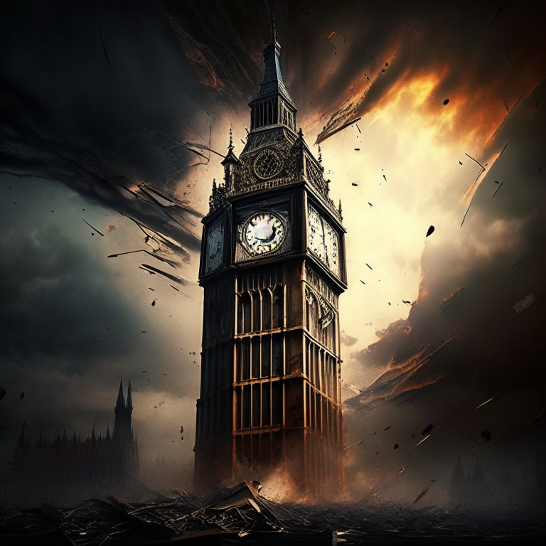 the Big Ben clock tower in a world catastrophe