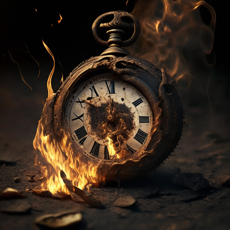 a broken pocket watch in a fiery forge