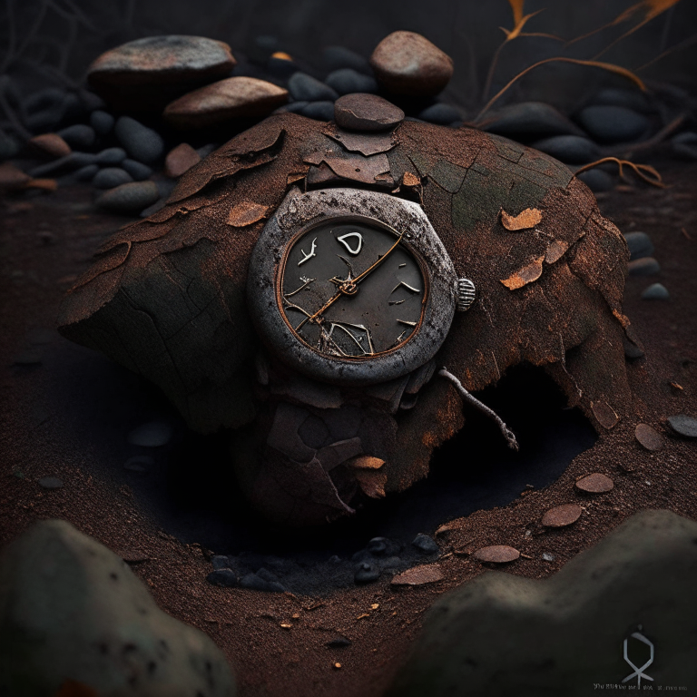a rusty watch among black stones with root-like legs