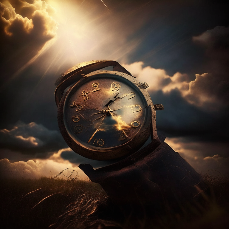 a vintage rusty watch with black roots wrapping around it, with rays of light in the sky and clouds