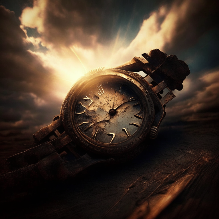 a vintage rusty watch with black roots wrapping around it, with rays of light in the sky and clouds