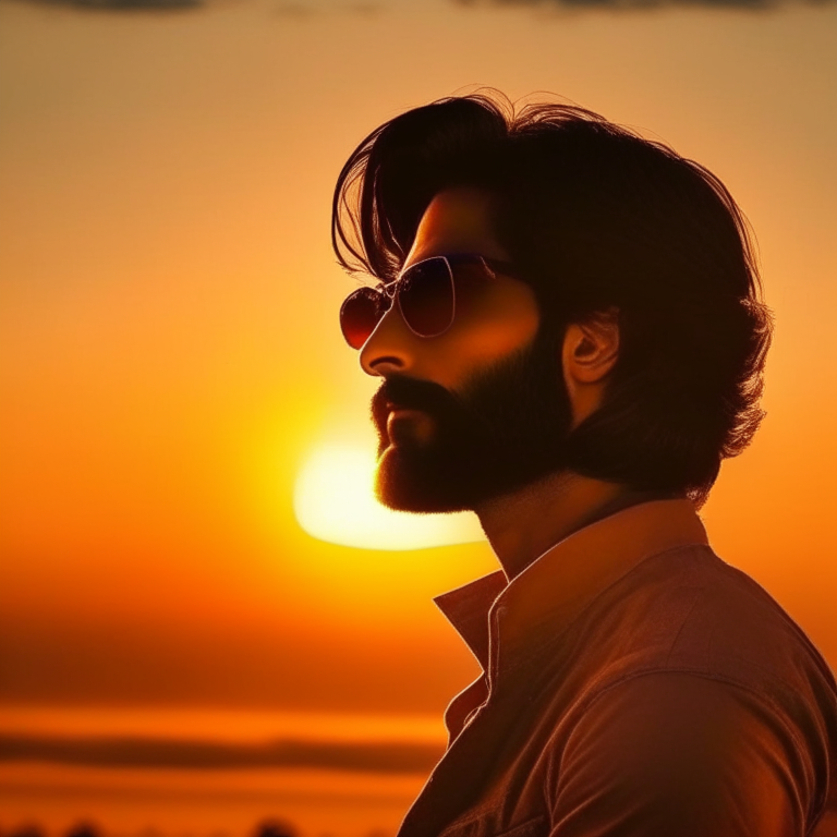 Shahid Kapoor in the iconic Kabir Singh pose, wearing shades and with a dramatic sunset in the background