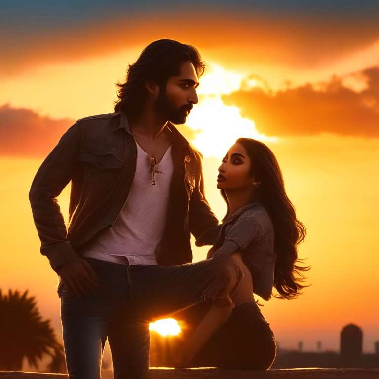 Shahid Kapoor and Kiara Advani in the iconic Kabir Singh pose, with a dramatic sunset in the background