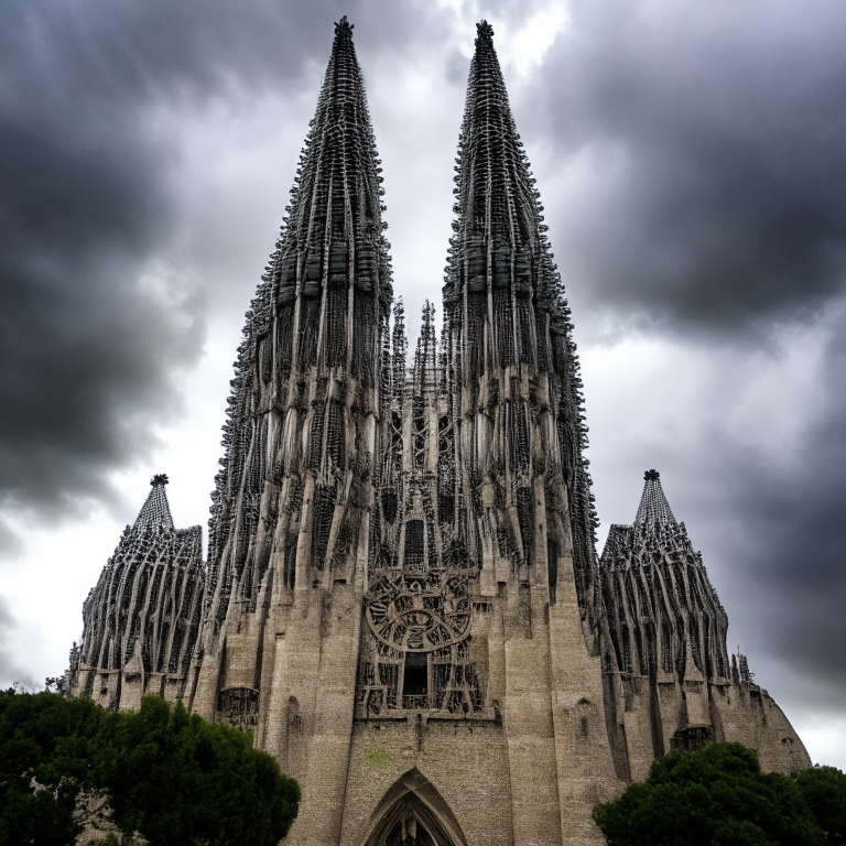 the Sagrada Familia temple in Barcelona with a very cloudy sky