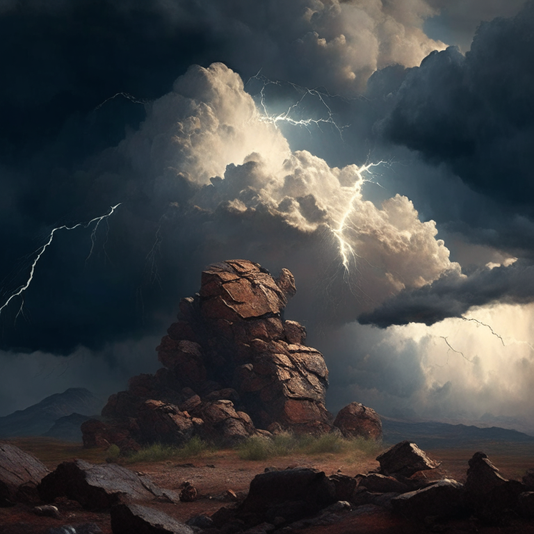 large cumulus and mamocumulus clouds with lightning above a rusty watch on a rocky terrain