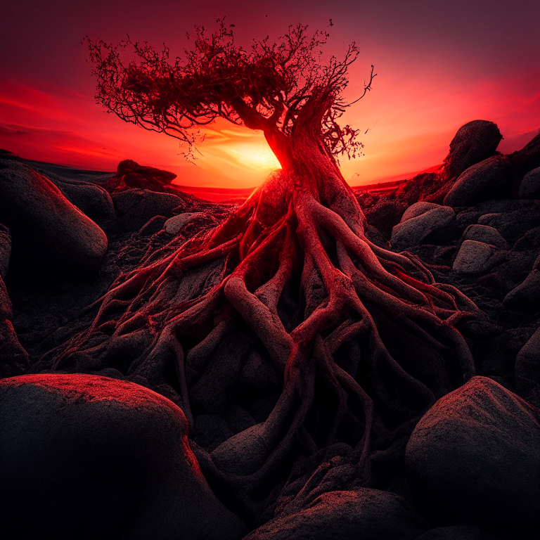 roots among stones during a red sunrise