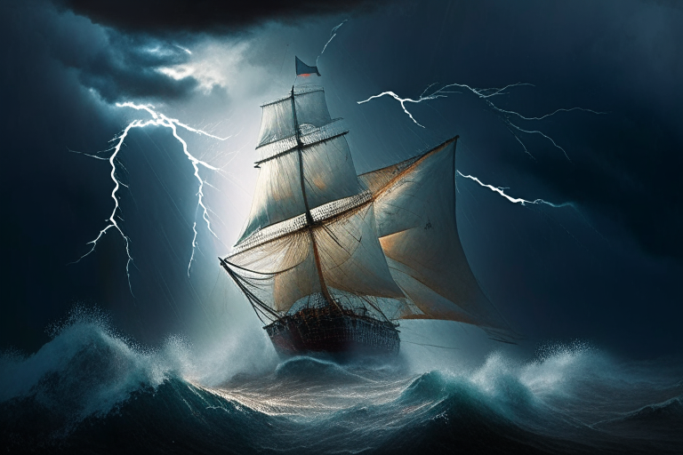 a sailboat in a storm with lightning